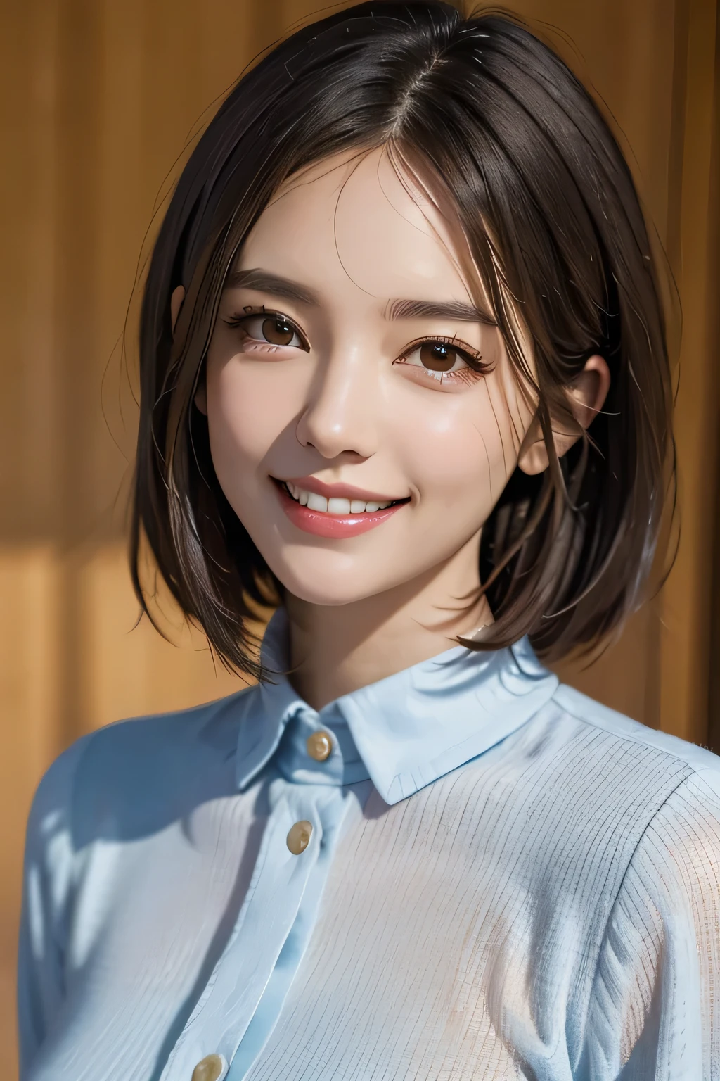 ((masterpiece)), ((Highest quality)), ((Complex)), ((Surreal)), (Realistic), (Mature Woman), ((No classes)), Very detailed, (1 female), Beautiful and exquisite, (Beautiful Teeth), Grin, Brunette Bob Hair, Brown eyes, ((blouse)), (Upper Body), (background:none), Perfect Eyes, Captivating eyes, Looking at the audience