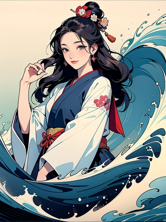 (Highest quality、masterpiece、High resolution、Official Art、8K)、Ukiyo-e、Katsushika Hokusai、Fuji Mountain、White waves of the sea、Boat、