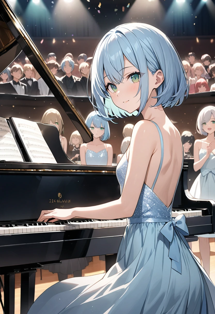 Light blue hair、Short Bob、Deep green eyes、Small breasts、25 years old,shinjuku、Party Dresses、Concert Hall、Grand piano、A packed audience、Playing the piano、Gentle expression