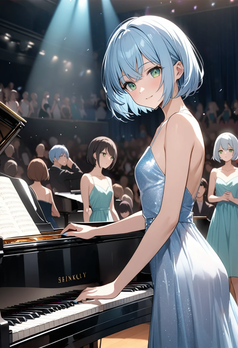 Light blue hair、Short Bob、Deep green eyes、Small 、25 years old,shinjuku、Party Ds、Concert Hall、Grand piano、A packed audience、Playing the piano、Gentle expression