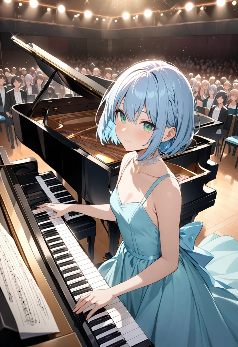 Light blue hair、Short Bob、Deep green eyes、Small breasts、25 years old,shinjuku、Party Dresses、Concert Hall、Grand piano、A packed audience、Playing the piano、Gentle expression