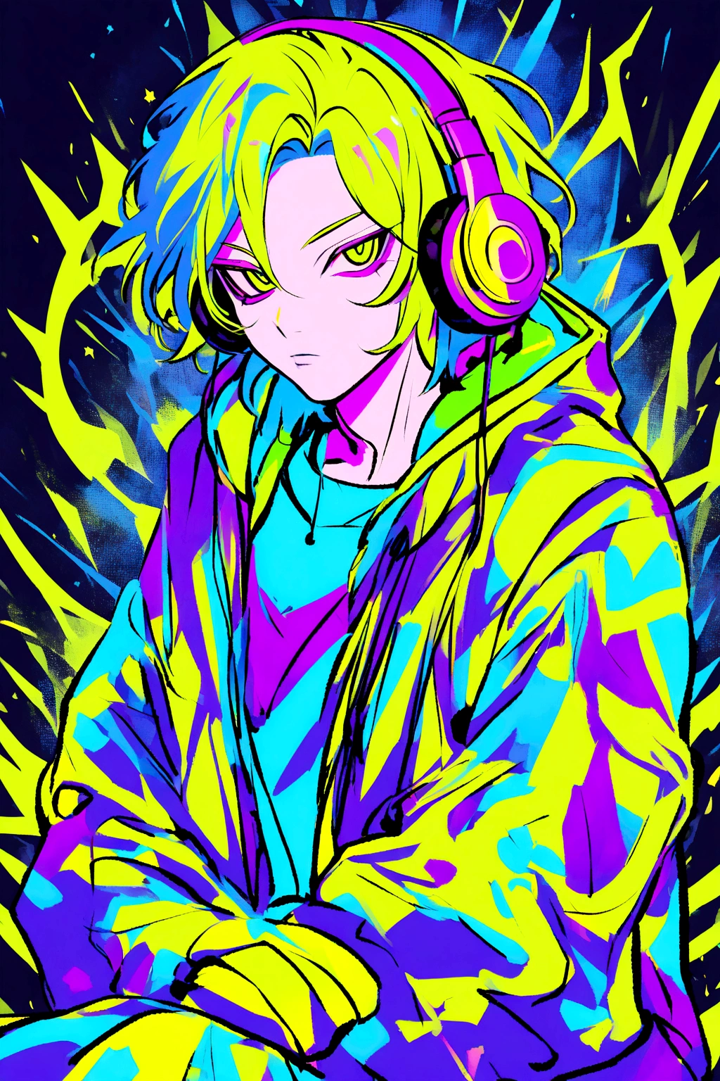 A boy character with headphones. Image of just your face in electric blue colors, Green Lemon, lemon yellow and neon purple. Akira Toryama style