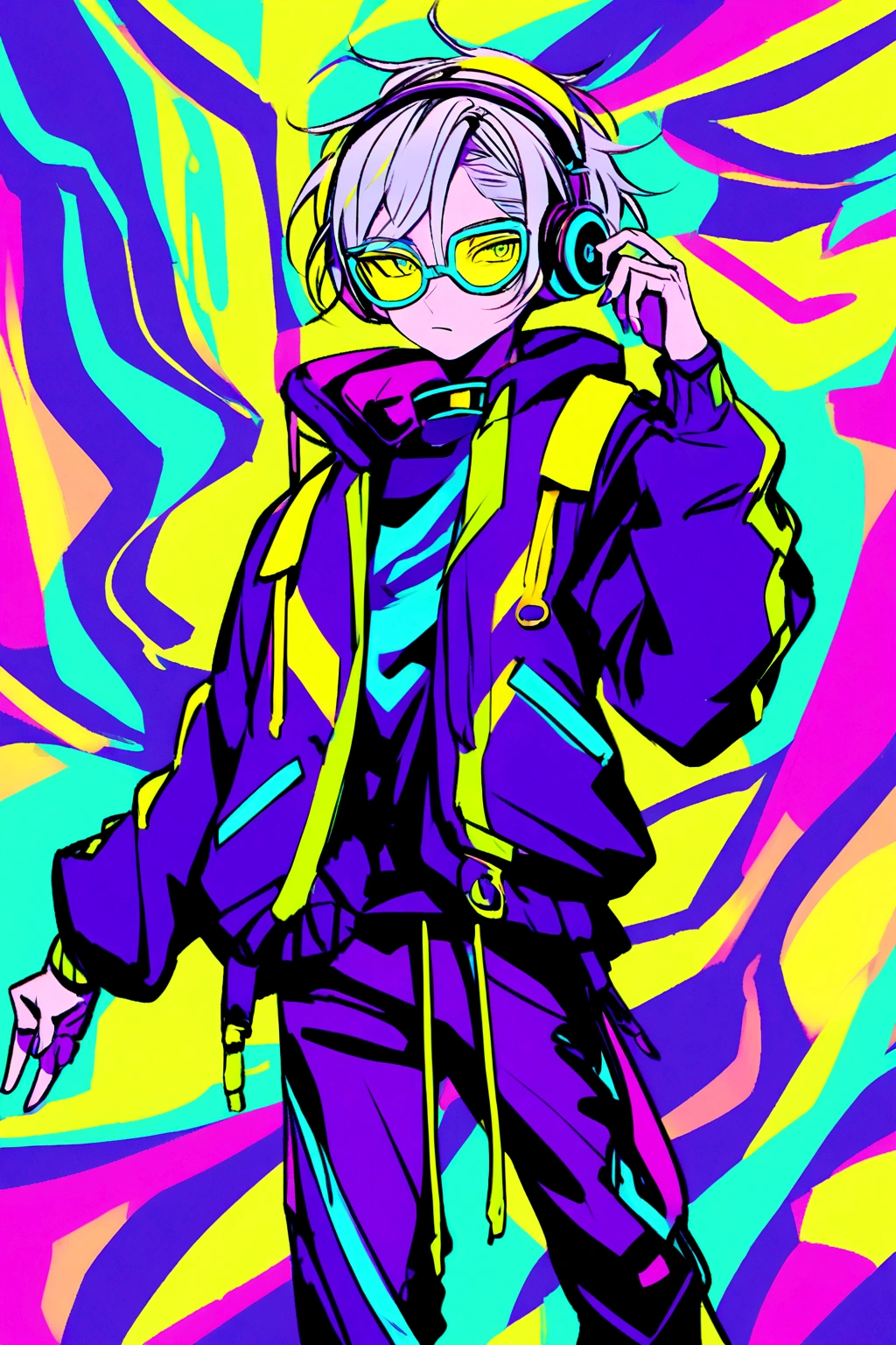 A boy character with headphones. Image of just your face in electric blue colors, Green Lemon, lemon yellow and neon purple. Akira Toryama style