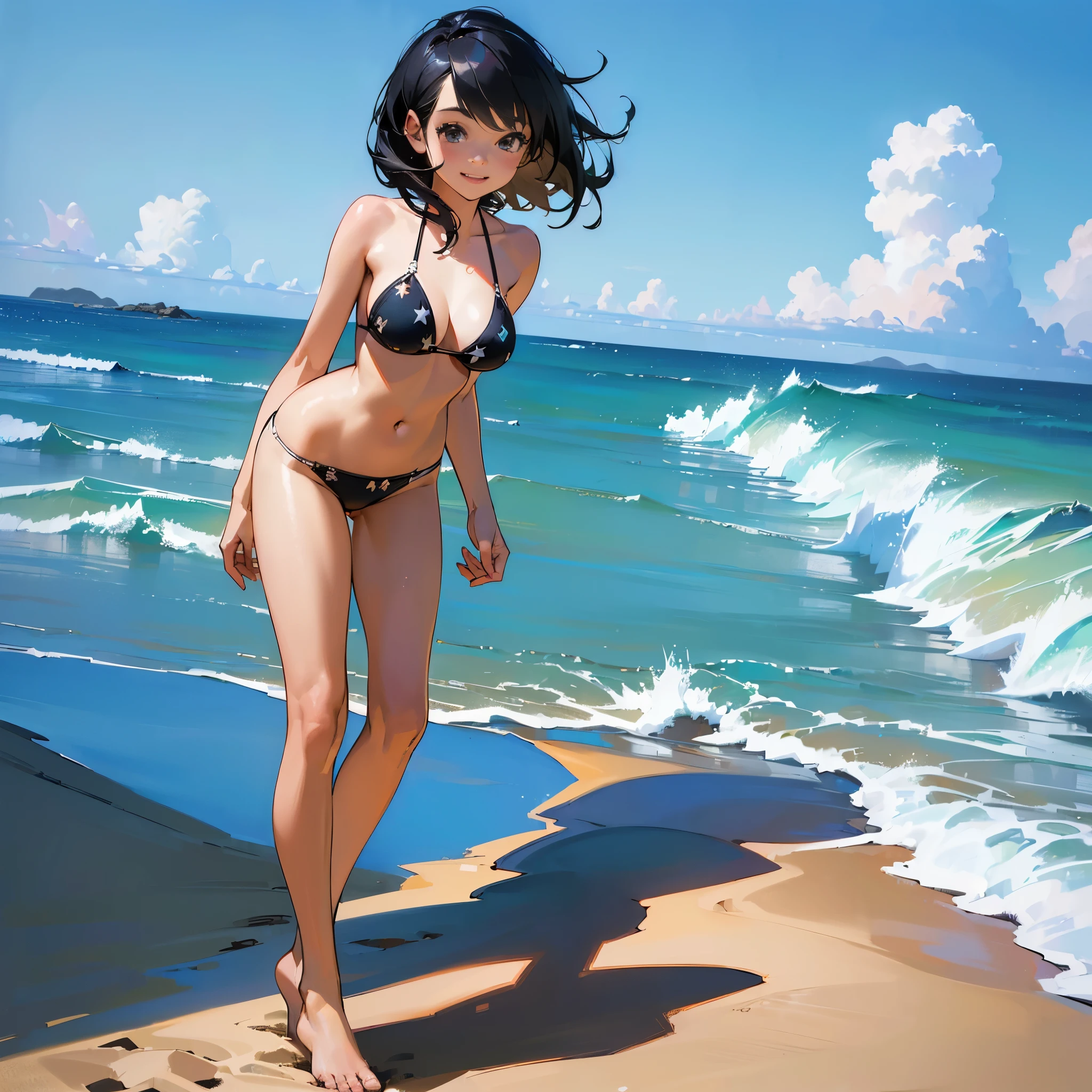 (high quality, High resolution, Very detailed, reality:1.37), Peaceful atmosphere, (Sandy Beach), Teenage girl standing alone, (my breasts are big.), Beautiful details, Cute Smile, (Black bob hair), Bikini Swimwear, barefoot.