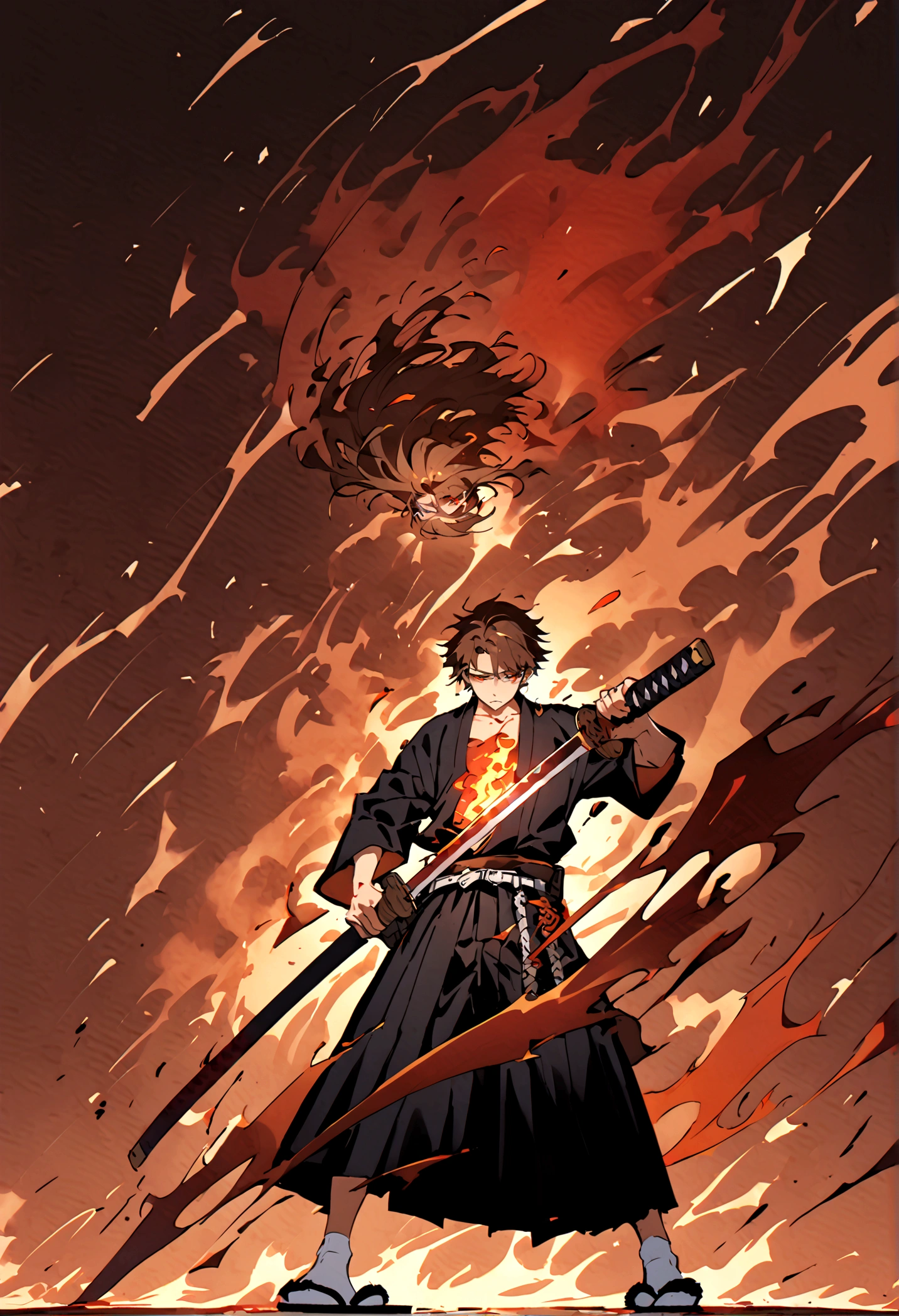 A samurai teenager boy with brown hair mixed with orange from below with spilt hair bangs left eye red right eye orange both eyes glowing carrying katana with red blade and flames around it wearing samurai kimono with a scabbard on the belt and black hakama with slippers and white socks background only fire as he has so many injuries and blood all over his body 