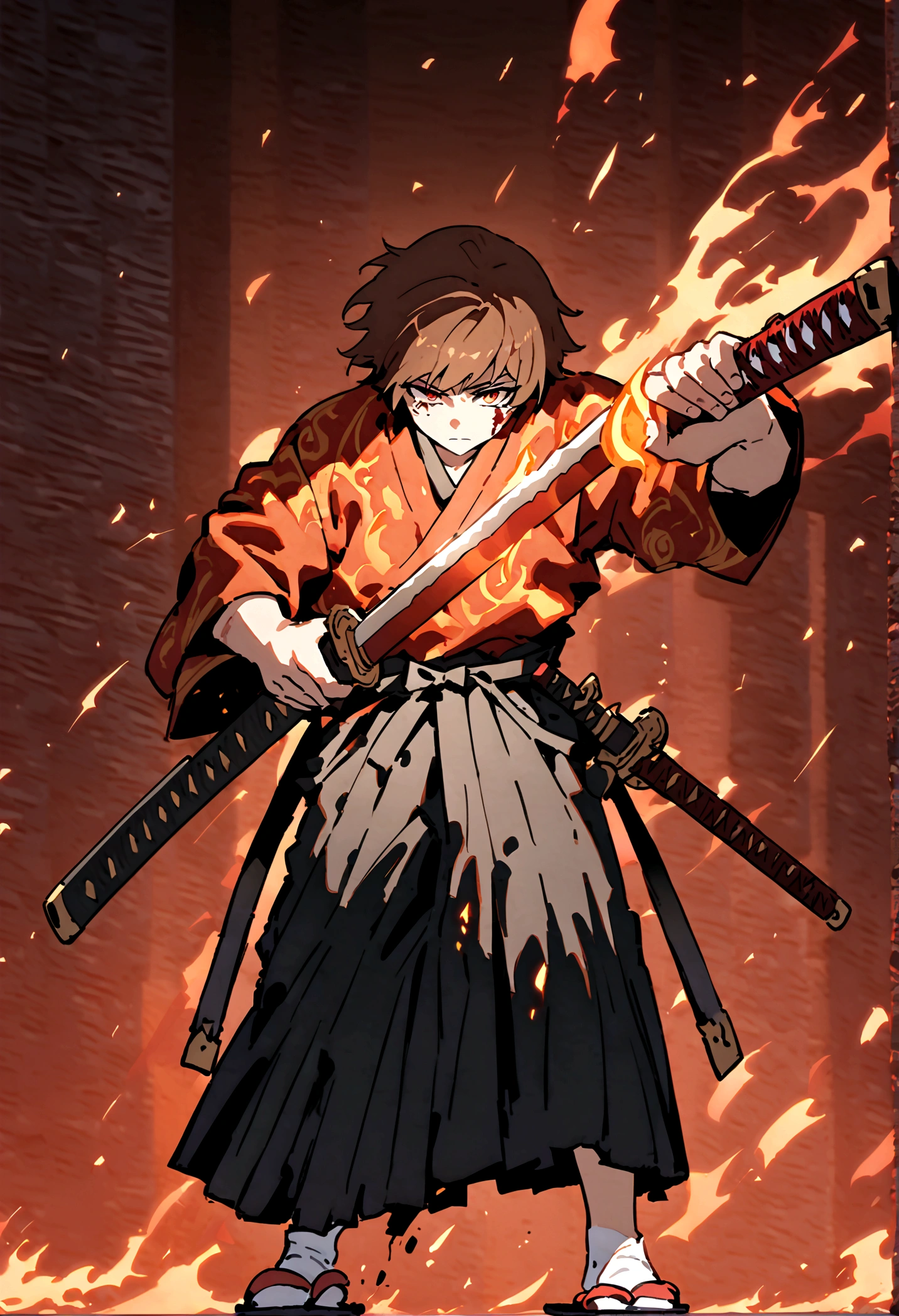 A samurai teenager boy with brown hair mixed with orange from below with spilt hair bangs left eye red right eye orange both eyes glowing carrying katana with red blade and flames around it wearing samurai kimono with a scabbard on the belt and black hakama with slippers and white socks background only fire as he has so many injuries and blood all over his body 