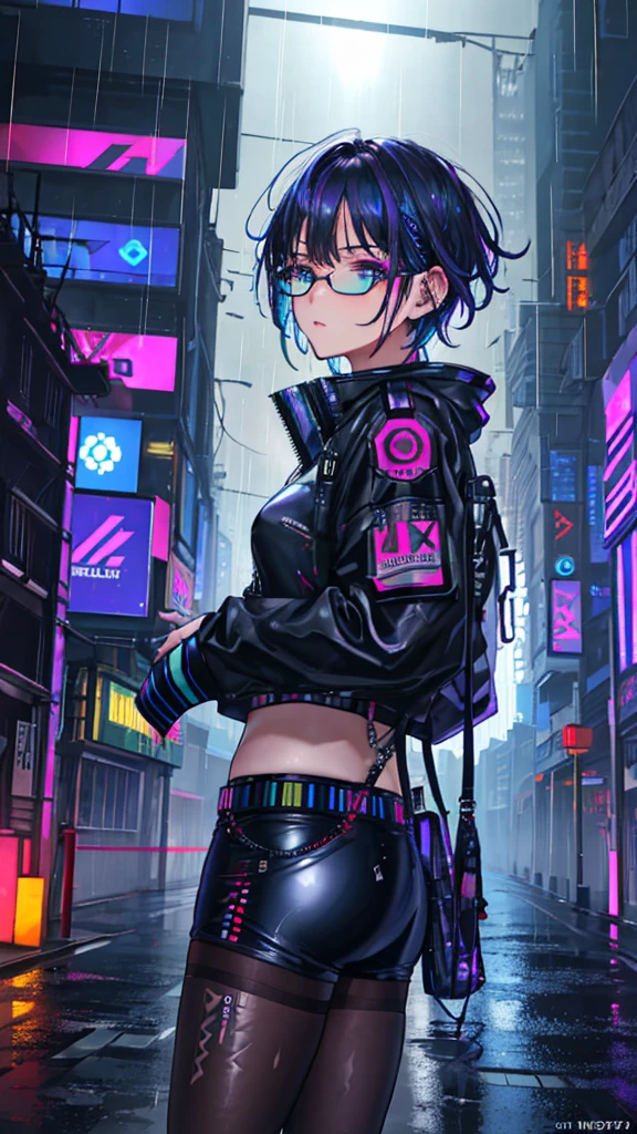 (best quality,4k,8k,highres,masterpiece:1.2), ultra-detailed, (realistic,photorealistic,photo-realistic:1.37), digital art, vibrant colors, neon lights, cyberpunk, futuristic, mixed media, short hairstyle, confident expression, dramatic lighting, cityscape, glowing tattoos, piercing, rebellious attitude, stylish accessories, edgy fashion, street art, urban atmosphere, dynamic pose, intense gaze, energetic background, electro music, holographic elements, dark tones, urban decay, rain-soaked streets, reflective surfaces, cool sunglasses