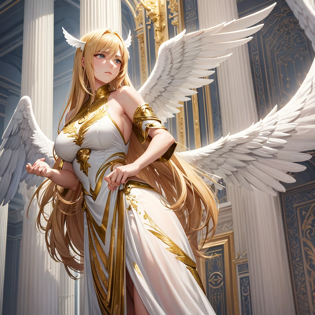 Description: Gabriel is an imposing and serene angel, Known for his firm and protective stance. With intense eyes and majestic wings, he radiates an aura of strength and calm. Her golden hair falls softly over her shoulders, and your clothes are simple, but elegant, reflecting their devotion to the duty of protecting those in need. E um homem