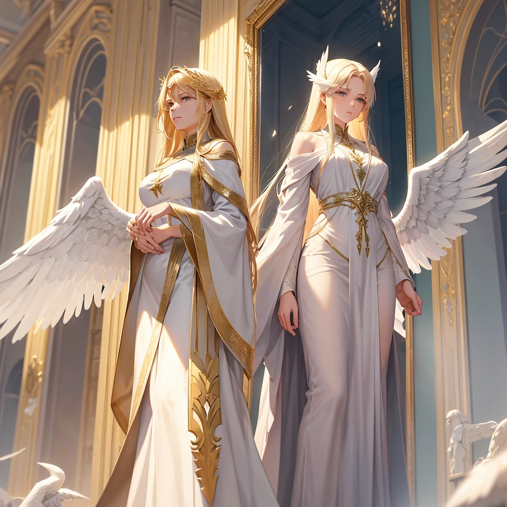 Description: Gabriel is an imposing and serene angel, Known for his firm and protective stance. With intense eyes and majestic wings, he radiates an aura of strength and calm. Her golden hair falls softly over her shoulders, and your clothes are simple, but elegant, reflecting their devotion to the duty of protecting those in need. E um homem