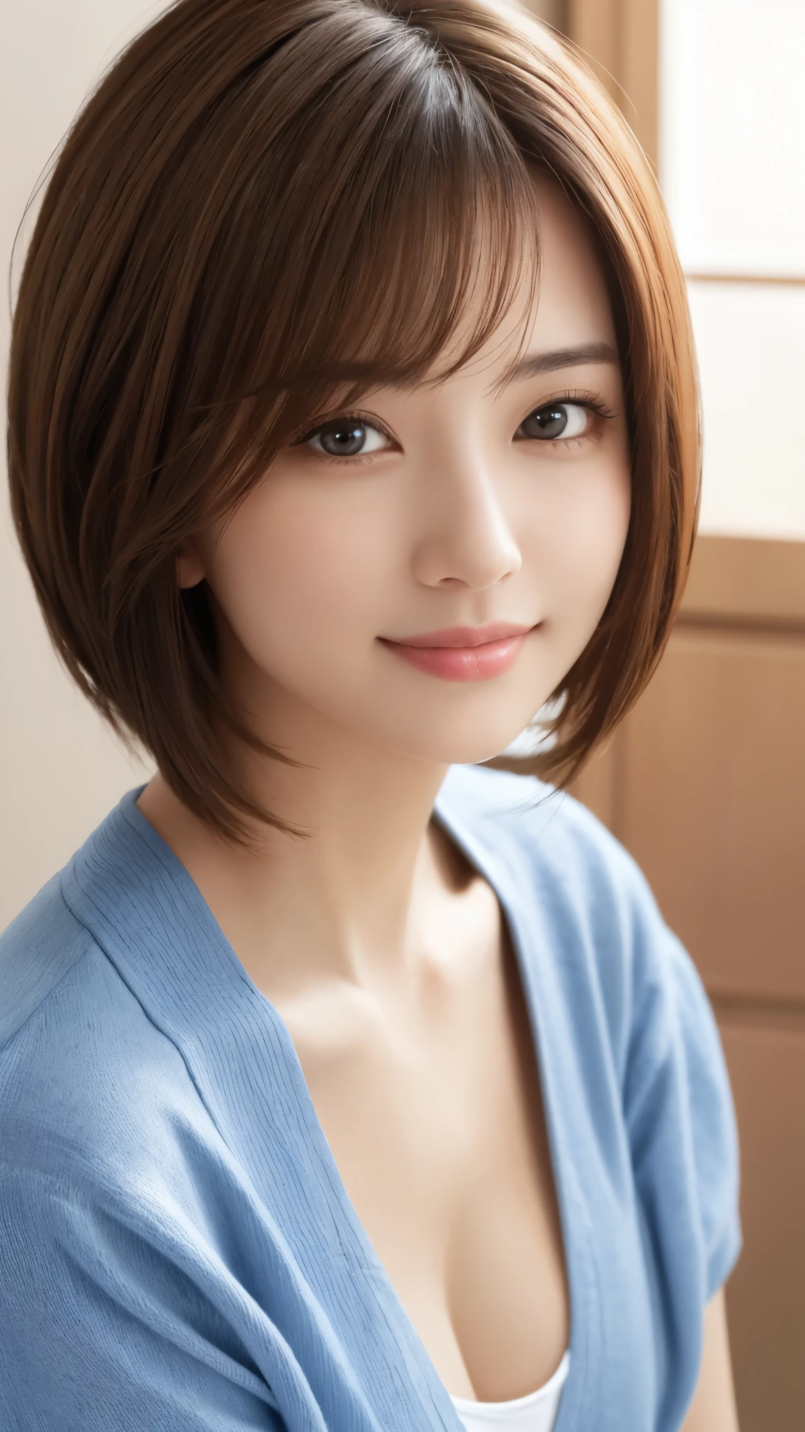 masterpiece、Highest quality、High resolution、Tabletop、wallpaper、Realistic、Bright lighting、Professional Lighting、Face Light、Smooth lighting、Japanese women、Adult、Beautiful woman、action、gravure、sexy、poor、so beautiful、Beautiful Skin、Beautiful and detailed、Detailed face、slim、moderately、short hair、Brunette colored hair、Brown eyes、Looking at the camera、smile、Cleavage