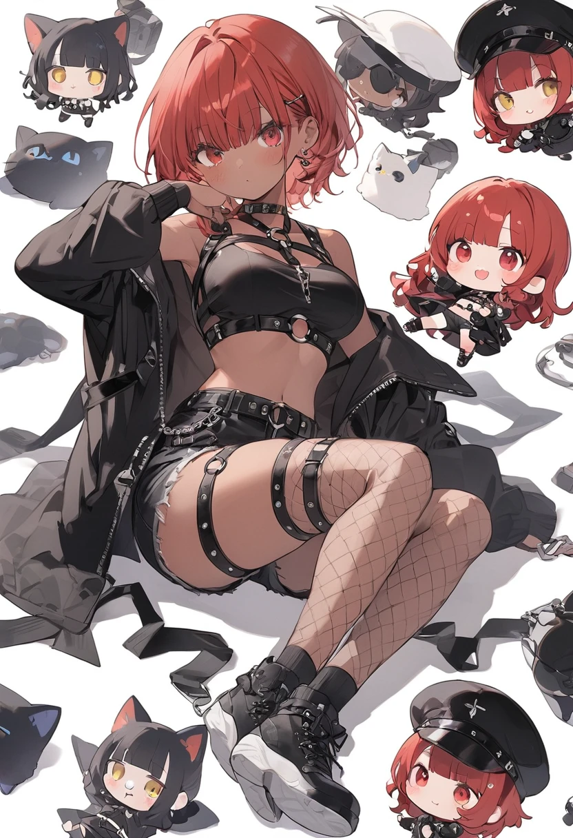 full body,1 girl, (cute:1.3),short red Hair, left eye blue, right eye yellow, tan skin, freckles,｛open sexy clothes, black skirt, Black stockings, long sleeves, chest harness, black shirt, crop top, shorts, Shoes, O-Ring, midriff, off shoulder, medium breasts, thigh strap, shorts, fishnet stockings,Glossy, shiny material, chibi emote, chibi character, cute pose