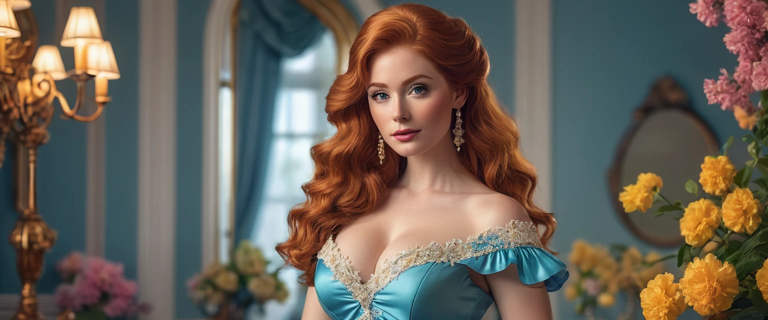 Create imaginative and amazing images demonstrating the style of ((Southern Belle)), hyper realistic, 8k, vibrant colors, sharp crisp image, Ginger hair, large pert breasts, low cut dress,