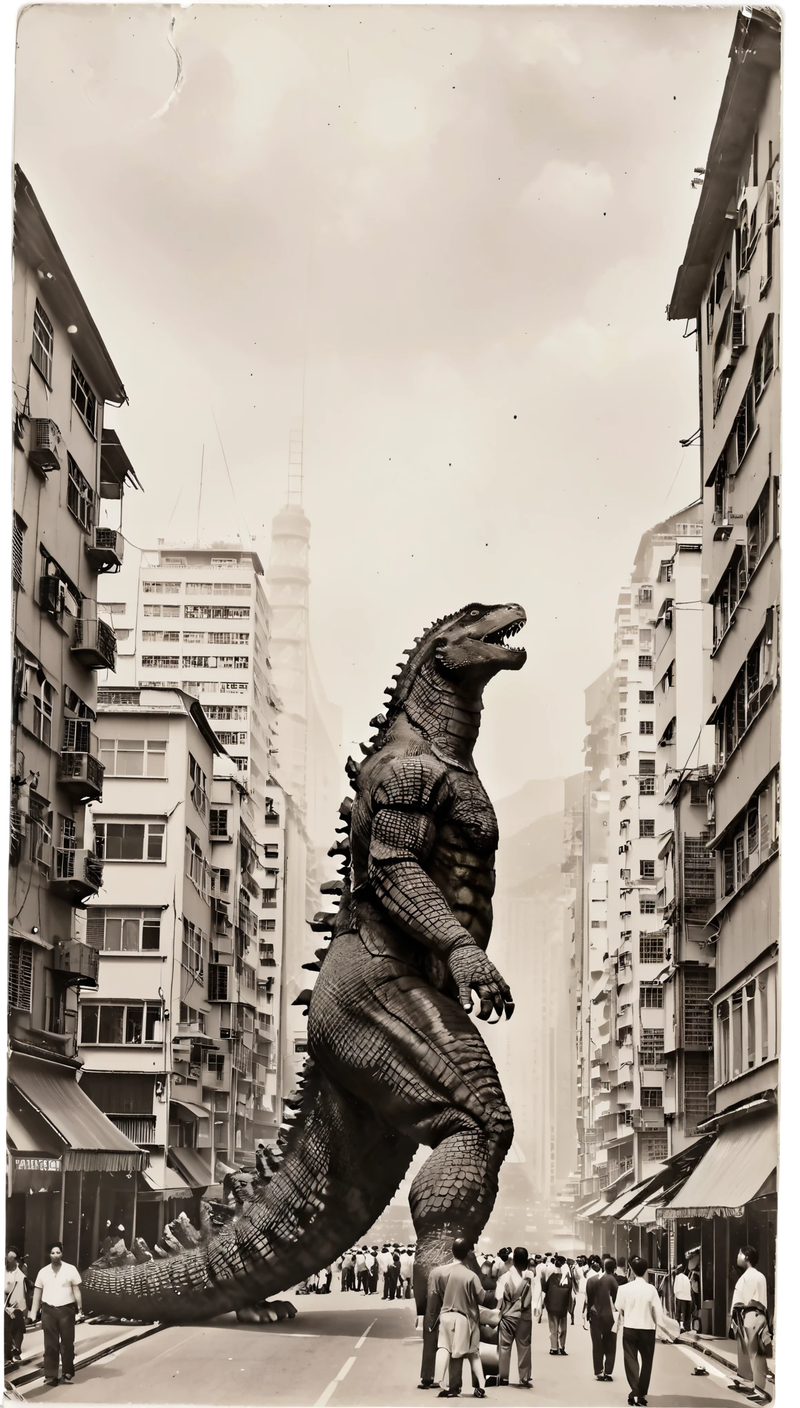 Monochrome Godzilla、25 meters、Streetscape、Hongkong、Look Up、
