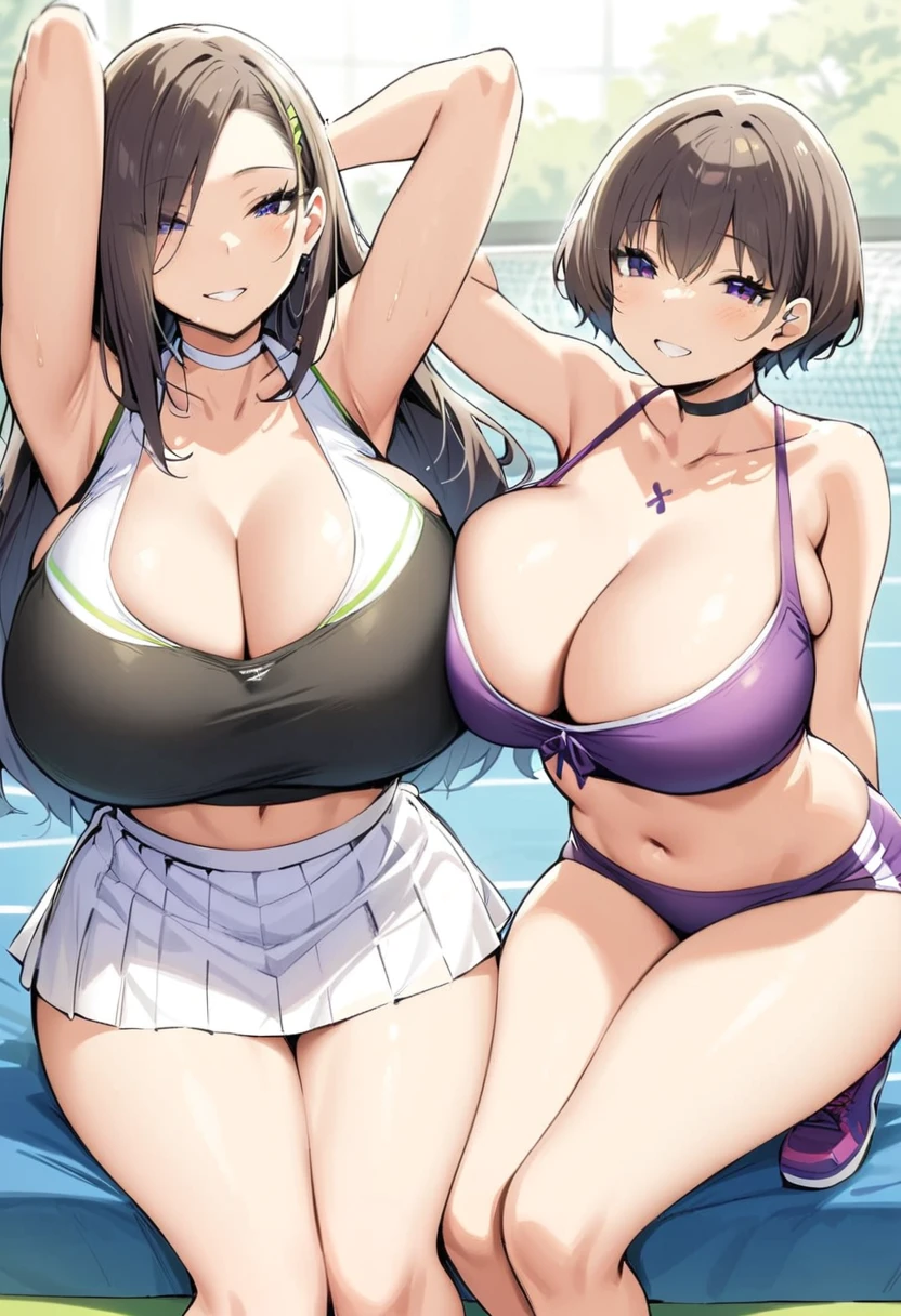 masterpiece, Highest quality, High resolution, ＪＫ,((Two Girls,)),,View your viewers,,,,smile,, (( tennis wear)) glamorous, voluptuous, 