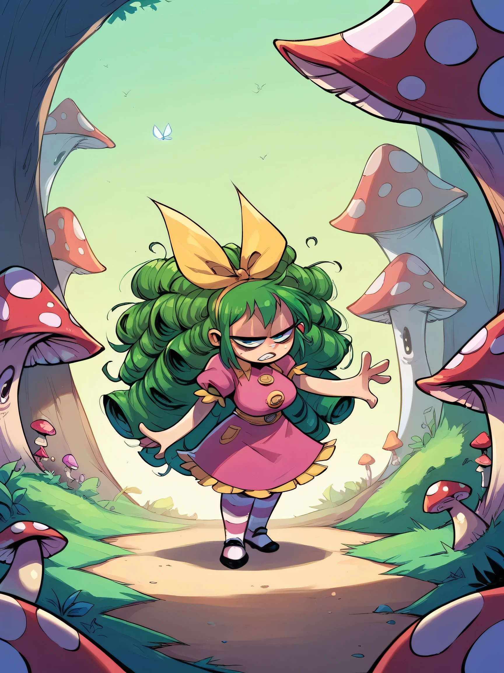 score_9, score_8_up, score_7_up, score_6_up,  sk0tt13y, 1girl, curvy, long hair, large breasts, green hair, mushroom