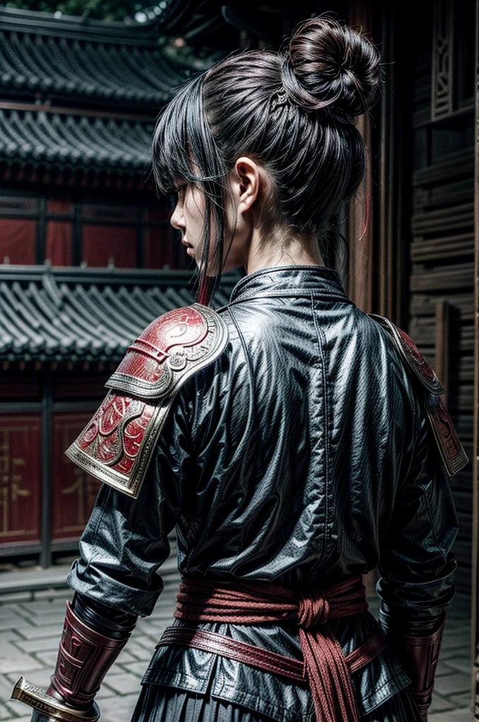A beautiful chinese women warrior, weapon, 1girl, red full armor, sword, black_hair, bun hairstyle, holding, dual_wielding, solo_focus, holding_weapon, holding_sword, old chinese background, brown_eyes, view from behind