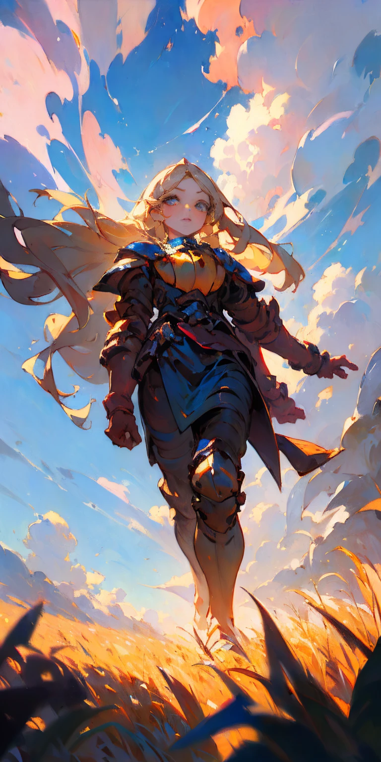 stunning painting of a knight with long blonde hair, wheat field, epic clouds ((painterly)) ((impressionist)) vibrant, soft edges (((warm glow))) full body whole body view from below 1sologirl, feet together, view from below while walking to the viewer