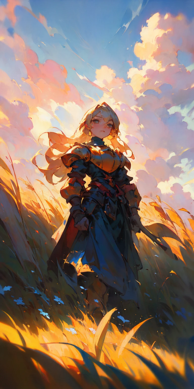 stunning painting of a knight with long blonde hair, wheat field, epic clouds ((painterly)) ((impressionist)) vibrant, soft edges (((warm glow))) full body whole body view from below 1sologirl, feet together, view from below while walking to the viewer