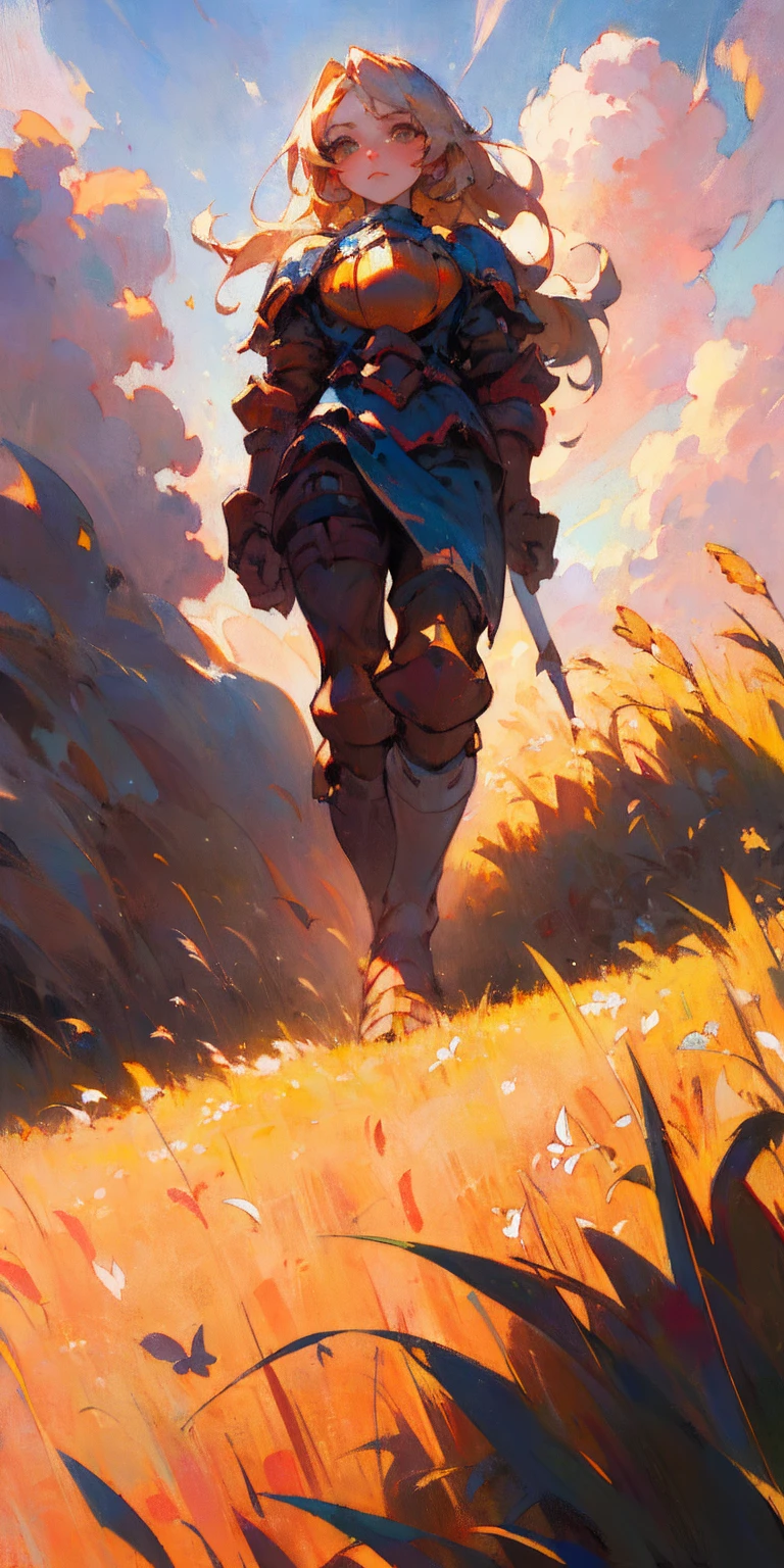 stunning painting of a knight with long blonde hair, wheat field, epic clouds ((painterly)) ((impressionist)) vibrant, soft edges (((warm glow))) full body whole body view from below 1sologirl, feet together, view from below while walking to the viewer