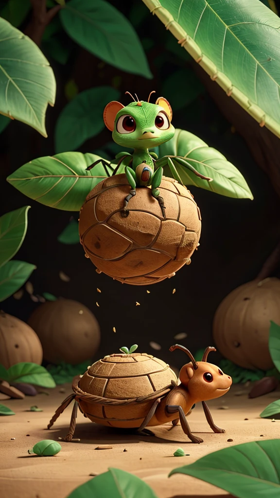 An ant carrying a large leaf, navigating various obstacles, then reaching the nest where there are food reserves, with the camera showing the colony benefiting. 8k UHD-IHD