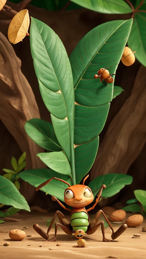An ant carrying a large leaf, navigating various obstacles, then reaching the nest where there are food reserves, with the camera showing the colony benefiting. 8k UHD-IHD