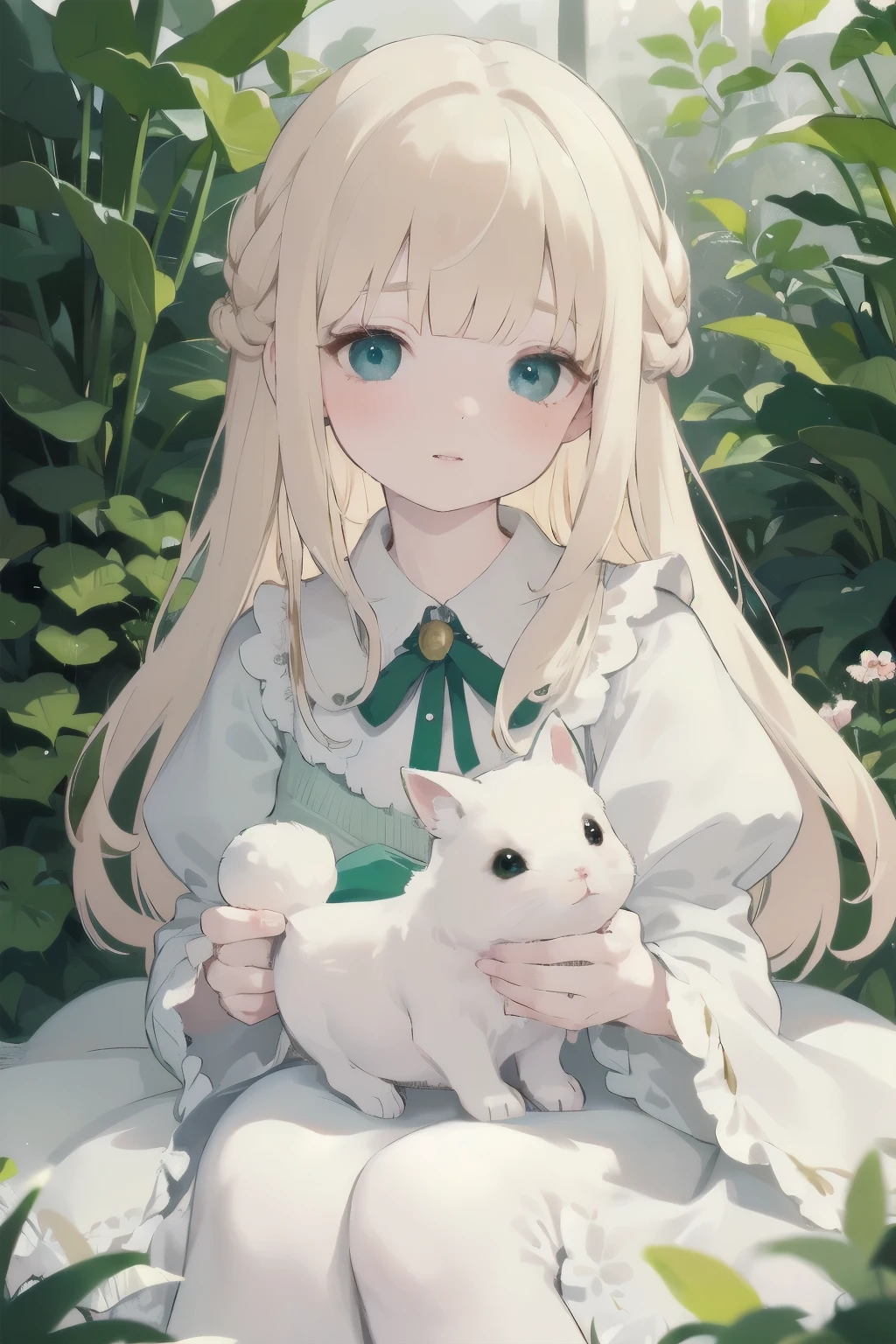 A young girl in a lush, mossy garden, her delicate dress flowing around her like petals, waiting for the night. A fluffy rabbit hops onto her lap, curling up contentedly.
1girl, graceful, elegant, soft mossy bed, flowing petal-like dress, fluffy rabbit, satisfied expression, night setting, detailed face, beautiful eyes, detailed lips, detailed hands and fingers, intricate details, photorealistic, highly detailed, 8k, masterpiece, vibrant colors, dramatic lighting, ethereal, fantasy, whimsical