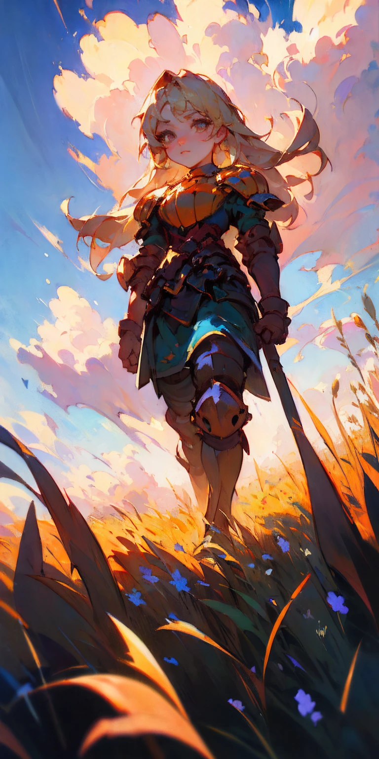 stunning painting of a knight with long blonde hair, wheat field, epic clouds ((painterly)) ((impressionist)) vibrant, soft edges (((warm glow))) full body whole body view from below 1sologirl, feet together, view from below while walking to the viewer