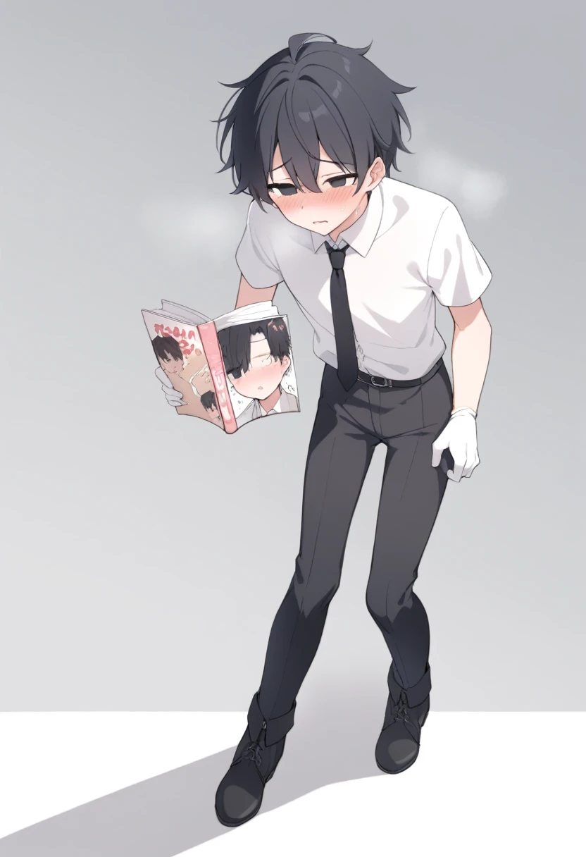 18-year-old boy，cute，Wear a white short-sleeved shirt and a black work tie，Wear black pants，Wear black booties，Wear white gloves，wear cat ear，Black hair，Black eyes，Handsome，Disdainful and cold expression，shy，blush，Sweating，pornography，Pornographic action，wheezing