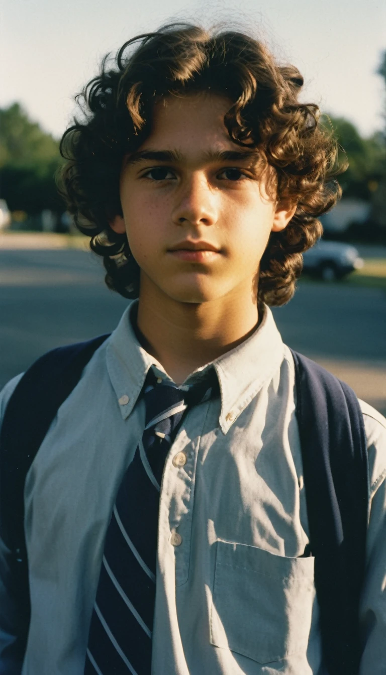 analog film photo, modern day photo of a young student, 14 years-old, male, brown-black hair, long curly hair, brown eyes, caucasian, round face, oval-shaped jawline, bulbous nose, full lips, thick eyebrows, soft features, stocky broad frame, chubby, handsome, resembles a younger John C Reilly, (relaxed school uniform:1.1), silhouette, backlit, split lighting, half face in shadow, RAW Photograph, dslr, hard lighting, hard shadows, high quality, film grain, Fujifilm XT3, detailed skin with visible pores, insane details, masterpiece, 8k, 35mm photograph, dslr, kodachrome, faded film, desaturated, 35mm photo, grainy, vintage, Kodachrome, Lomography, stained, highly detailed, found footage, yearbook portrait, contemporary, 2024