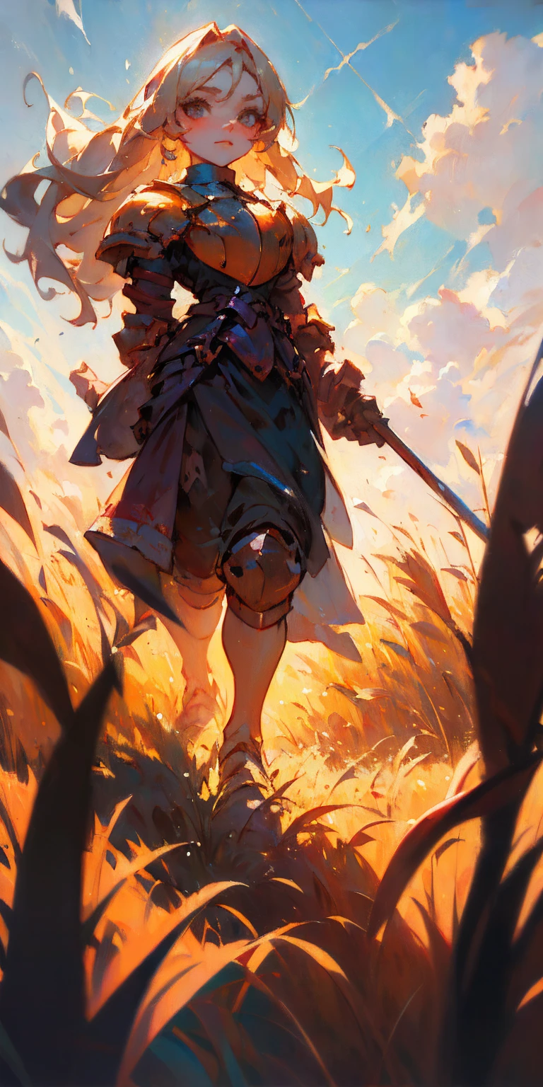 stunning painting of a knight with long blonde hair, wheat field, epic clouds ((painterly)) ((impressionist)) vibrant, soft edges (((warm glow))) full body whole body view from below 1sologirl, feet together, view from below while walking to the viewer