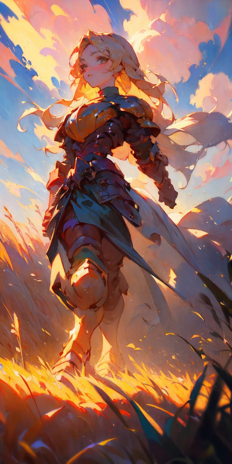 stunning painting of a knight with long blonde hair, wheat field, epic clouds ((painterly)) ((impressionist)) vibrant, soft edges (((warm glow))) full body whole body view from below 1sologirl, feet together, view from below while walking to the viewer