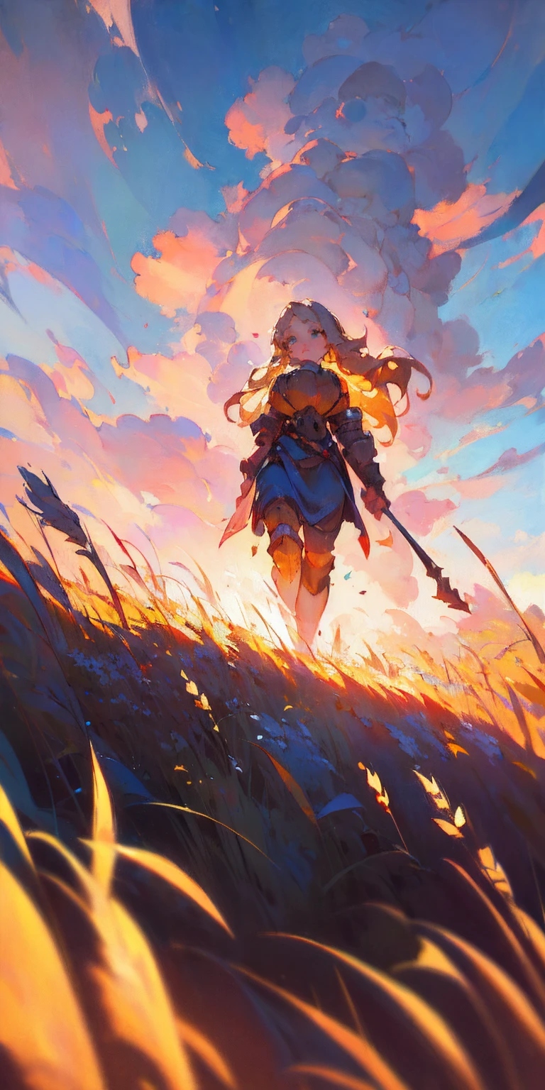 stunning painting of a knight with long blonde hair, wheat field, epic clouds ((painterly)) ((impressionist)) vibrant, soft edges (((warm glow))) full body whole body view from below 1sologirl, feet together, view from below while walking to the viewer