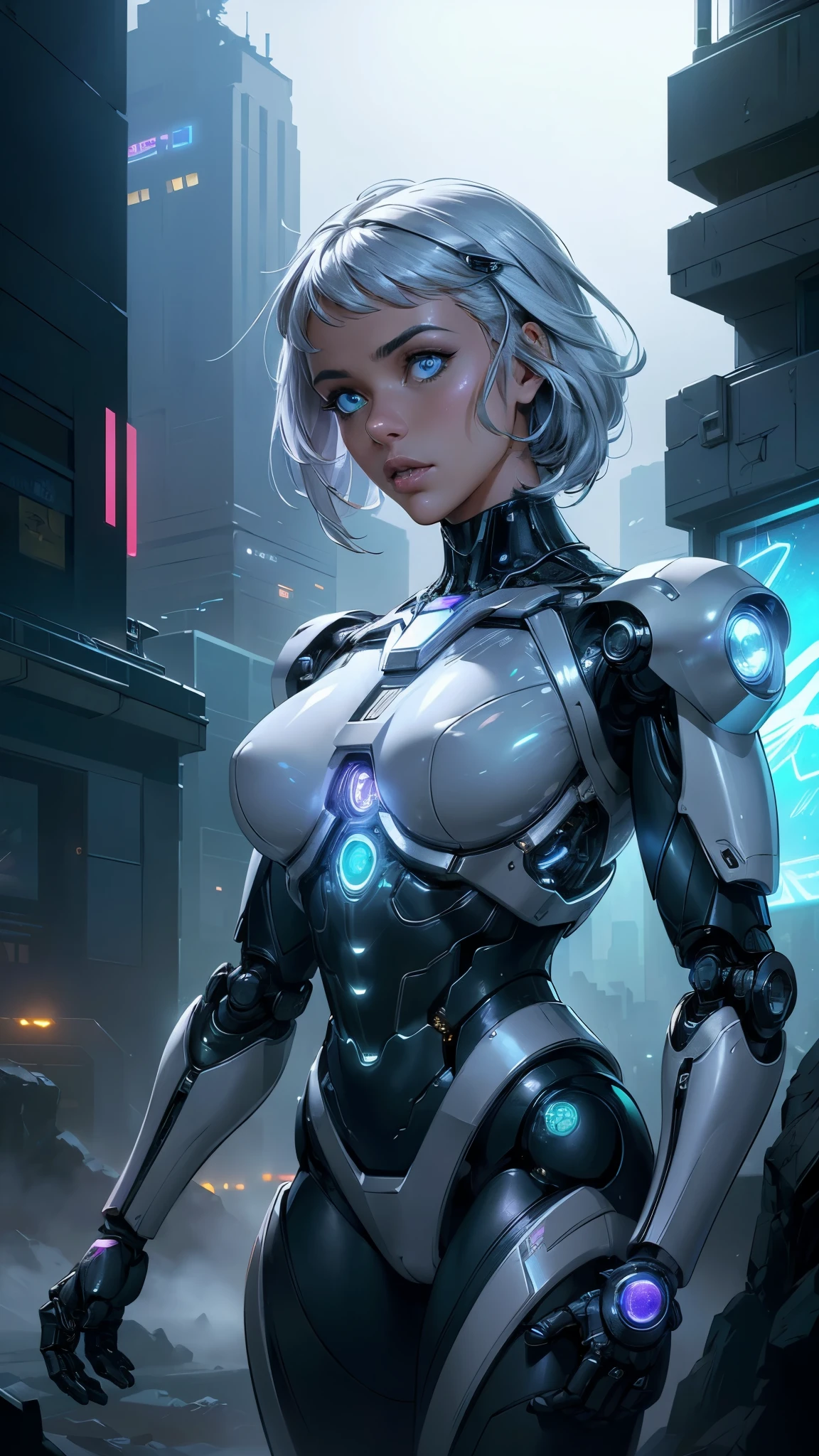 Future mechanical girl,Sparkling metal,(Sparkling robot action:1.4) ,Ethereal,Futuristic technology,(Advanced artificial intelligence:1.4) ,(Neon flashing cityscape:1.4) ,(cyborg white plastic transparent :1.4), (Metal exoskeleton:1.4) ,Highly detailed facial features,(glowing light eyes:1.4 ) ,Carefully crafted synthetic skin,Luxurious futuristic fashion,Hover above the ground,Explore the cityscape,Futuristic technology,Exquisite craftsmanship,(Metal limbs:1.4) ，Complex design,Seamless integration of man and machine,Surreal,Otherworldly atmosphere,Utopian cityscape in the background,Advanced weapons integrated into her body,Exudes a soft, energetic glow,Expressive and captivating gaze,Superhuman strength and agility,Pose with confidence and strength,High-resolution portraits with vibrant colors and intricate details,Breathtaking,Awesome artwork. (Best quality,4K,8K,A high resolution,Masterpiece:1.2),Ultra-detailed,(Realistic,Photorealistic,photo-realistic:1.37),hdr,hyper HD,Studio lighting,Ultra-fine painting,Sharp focus,Physically-based rendering,Extreme detail description,professional,Vivid colors,Bokeh,sportrait,Concept artist,( face detailed :1.4),( iluminación cinematográfica :1.4), (anatomía perfecta :1.4) 