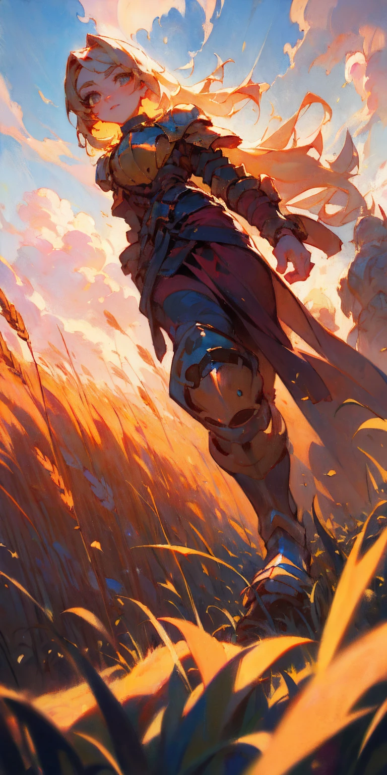 stunning painting of a knight with long blonde hair, wheat field, epic clouds ((painterly)) ((impressionist)) vibrant, soft edges (((warm glow))) full body whole body view from below 1sologirl, feet together, view from below while walking to the viewer