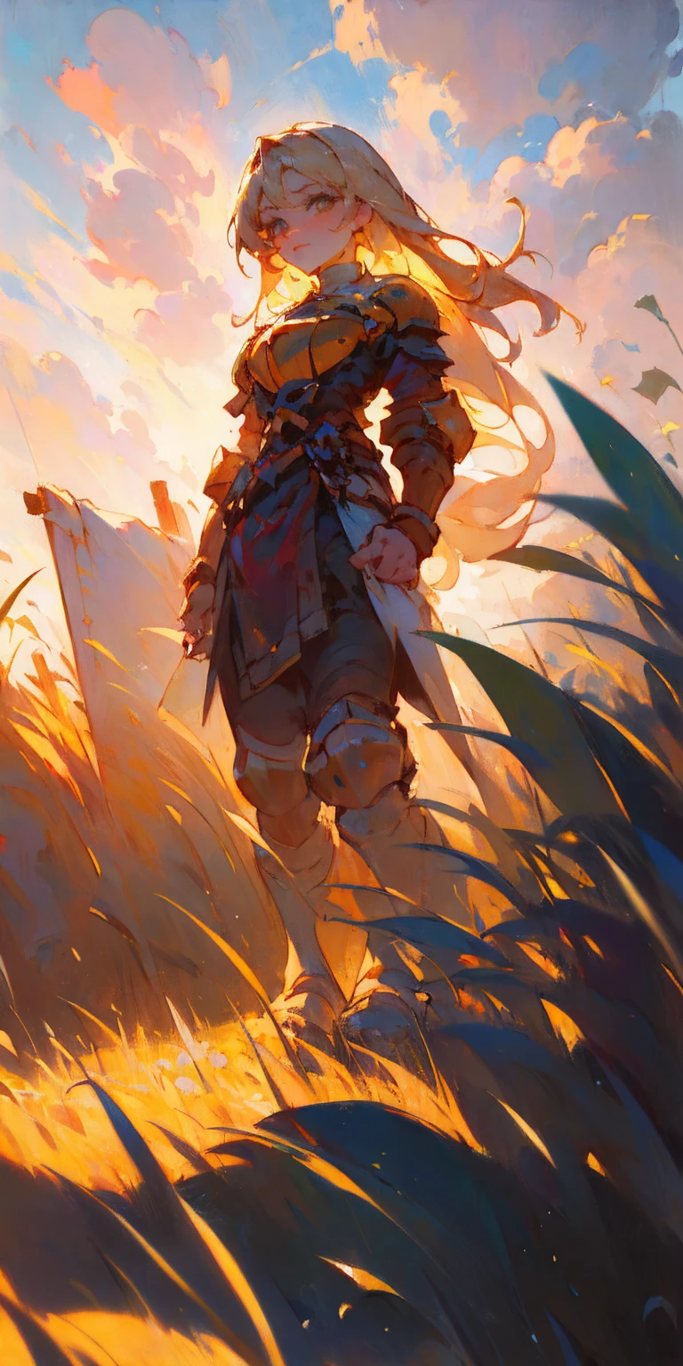 stunning painting of a knight with long blonde hair, wheat field, epic clouds ((painterly)) ((impressionist)) vibrant, soft edges (((warm glow))) full body whole body view from below 1sologirl, feet together, view from below while walking to the viewer