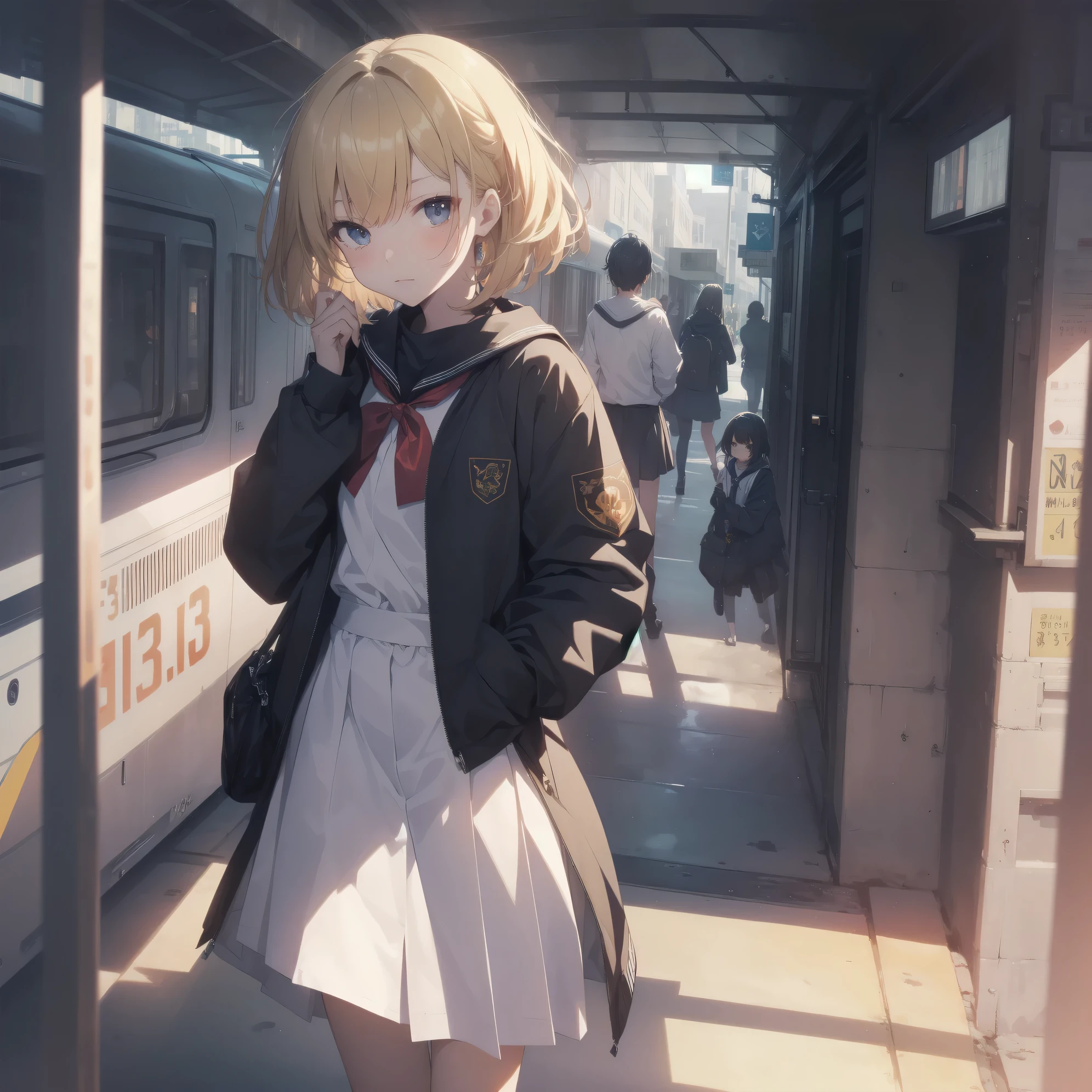 ultra-absurdres-Top quality by artist God, ultra-detailed, high resolution, anime moe artstyle, best anime 8k konachan wallpaper, pixiv contest winner, pool:2810, perfect anatomy,break, 1girl, (Please draw a girl walking sleepily to school alone. )break,(Solo,little female, 13-year-old:1.3),Full limbs, complete fingers,a junior high school student, (very short hair), short cut, flat chest, , small butt, small black eyes, beautiful detailed eyes, well-proportioned iris and pupils, expressive eyes, highres detailed hair, soft expression, salor school_uniform, sailor collar, serahuku, bow, pleated skirt,(Detailed Lighting), (Detailed background), in the School commute route. break,super detailed skin, Best cinematic lighting powered by famous artist, 8k,beauty illustration,photoshop_(medium),very aesthetic,break,((artist:hana_kazari )), artist:clamp ,artist:carnelian ,artist:kantoku ,