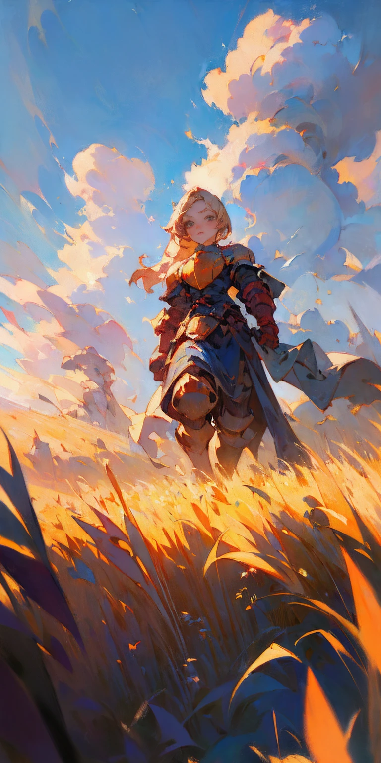 stunning painting of a knight with long blonde hair, wheat field, epic clouds ((painterly)) ((impressionist)) vibrant, soft edges (((warm glow))) full body whole body view from below 1sologirl, feet together, view from below while walking to the viewer