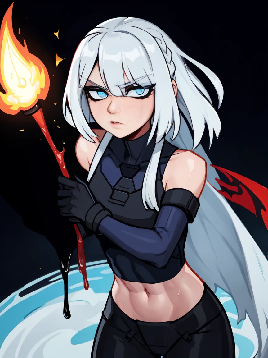 a super epic picture of girl, white hair, blue eyes, straight hair, High detailed, in a inferno underworld background, LINEART, Cartoon, HD Quality 8K, ak15