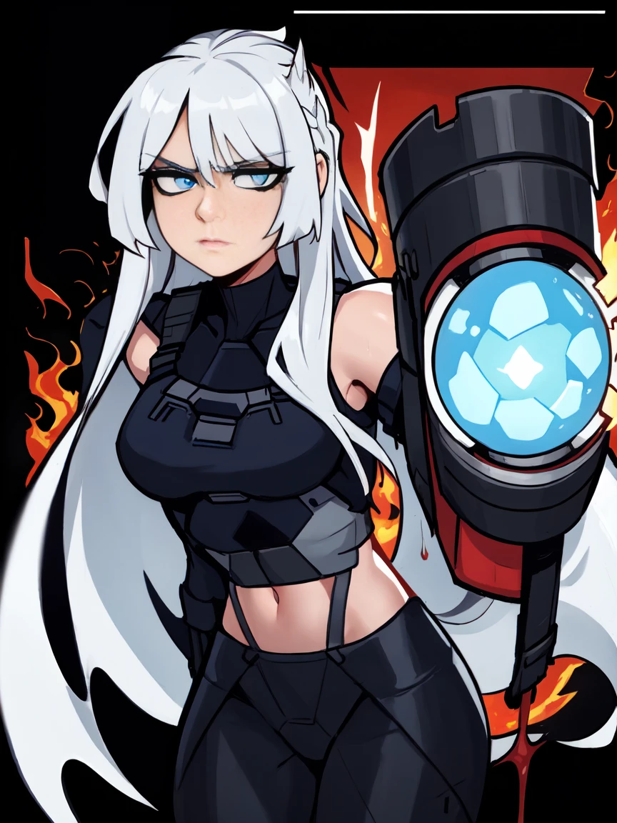 a super epic picture of girl, white hair, blue eyes, straight hair, High detailed, in a inferno underworld background, LINEART, Cartoon, HD Quality 8K, ak15