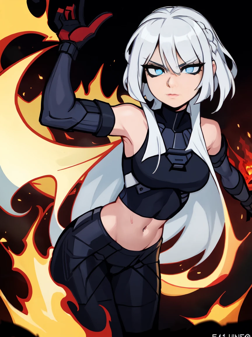 a super epic picture of girl, white hair, blue eyes, straight hair, High detailed, in a inferno underworld background, LINEART, Cartoon, HD Quality 8K, ak15