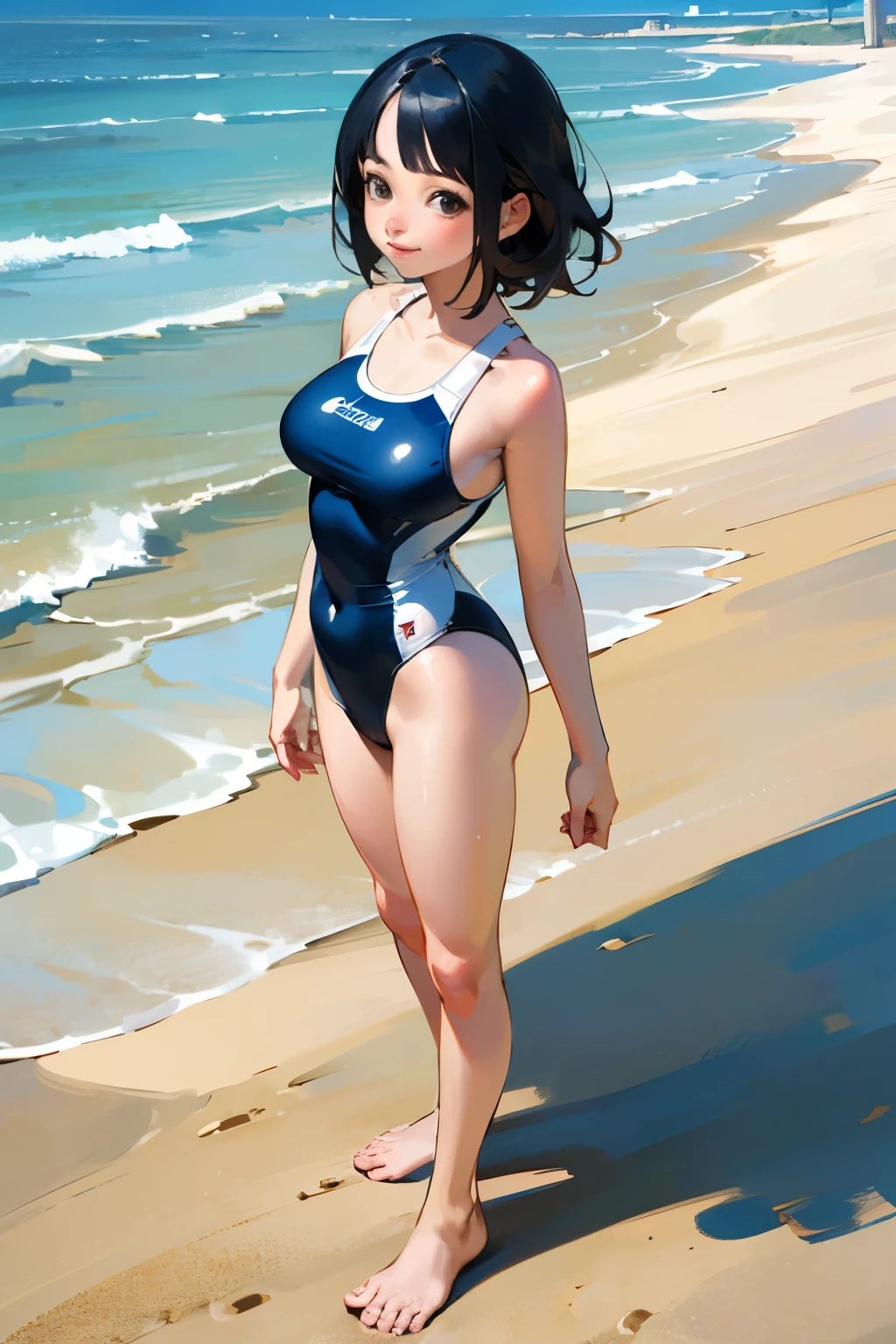 (high quality, High resolution, Very detailed, reality:1.37), Peaceful atmosphere, (Sandy Beach),  girl standing alone, (my breasts are big.), Beautiful details, Cute Smile, (Black bob hair), One piece swimsuit, barefoot.