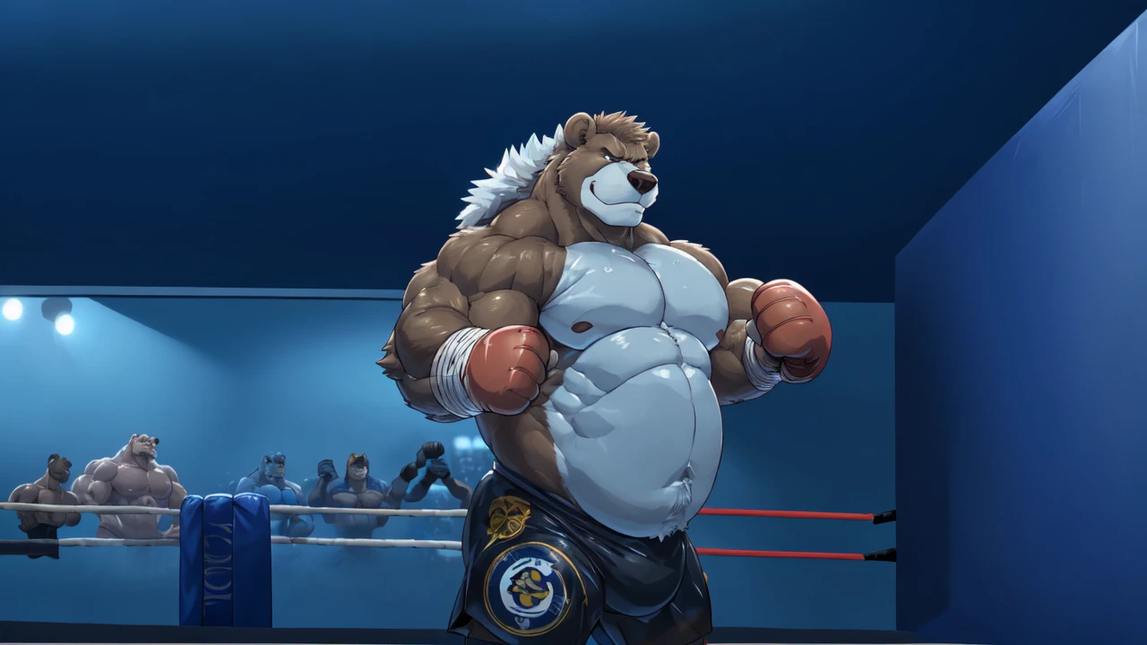 ((solo)), (anthro:1.2) bear (lora; baloo), adult, (athletic:1.4), (dense muscles), (super strong:1.4), (correct anatomy:1.2), (broad shoulders:1.2), (heavy build, massive body:1.6), (realistic fur, detailed brown fur texture:1.3), kickboxing martial arts tournament background (corner of the kickboxing MMA ring:1.6), photorealistic, (black compression shorts), (bare torso:1.4), (footwear:1.2), (detailed kickboxing martial arts black shorts), hyperrealistic, ultradetailed, (by wfa:1.2), (by takemoto_arashi, by vorusuarts, by Traver009:1, by grimfaust:1), natural lighting, (oiled up:1.4), ursine head (open eyes, brown mane), (sexy:1.2), ((serious smirk:1.4) expression), (punching:1.4), (view from center:1.4)