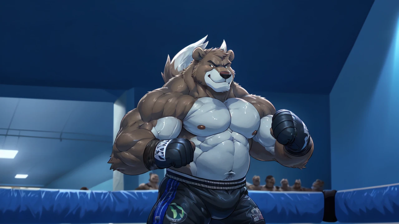 ((solo)), (anthro:1.2) bear (lora; baloo), adult, (athletic:1.4), (dense muscles), (super strong:1.4), (correct anatomy:1.2), (broad shoulders:1.2), (heavy build, massive body:1.6), (realistic fur, detailed brown fur texture:1.3), kickboxing martial arts tournament background (corner of the kickboxing MMA ring:1.6), photorealistic, (black compression shorts), (bare torso:1.4), (footwear:1.2), (detailed kickboxing martial arts black shorts), hyperrealistic, ultradetailed, (by wfa:1.2), (by takemoto_arashi, by vorusuarts, by Traver009:1, by grimfaust:1), natural lighting, (oiled up:1.4), ursine head (open eyes, brown mane), (sexy:1.2), ((serious smirk:1.4) expression), (punching:1.4), (view from center:1.4)