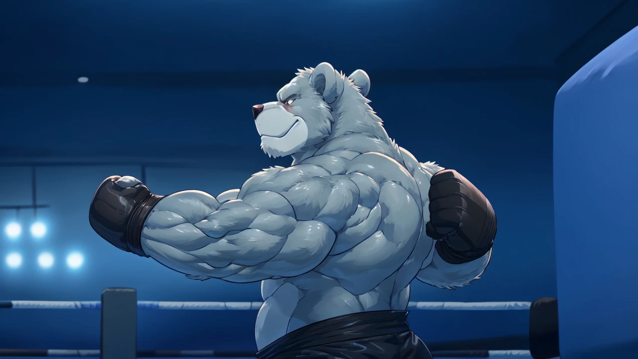 ((solo)), (anthro:1.2) bear (lora; baloo), adult, (athletic:1.4), (dense muscles), (super strong:1.4), (correct anatomy:1.2), (broad shoulders:1.2), (heavy build, massive body:1.6), (realistic fur, detailed brown fur texture:1.3), kickboxing martial arts tournament background (corner of the kickboxing MMA ring:1.6), photorealistic, (black compression shorts), (bare torso:1.4), (footwear:1.2), (detailed kickboxing martial arts black shorts), hyperrealistic, ultradetailed, (by wfa:1.2), (by takemoto_arashi, by vorusuarts, by Traver009:1, by grimfaust:1), natural lighting, (oiled up:1.4), ursine head (open eyes, brown mane), (sexy:1.2), ((serious smirk:1.4) expression), (punching:1.4), (view from center:1.4)