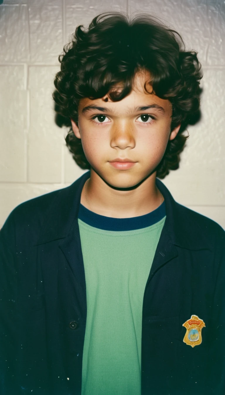 analog film photo, modern day photo of a young student, 15 years-old, male, brown-black hair, long curly hair, brown eyes, caucasian, round face, oval-shaped jawline, bulbous nose, full lips, thick eyebrows, soft features, stocky broad frame, chubby, resembles a younger John C Reilly, (relaxed school uniform:1.1), silhouette, backlit, split lighting, half face in shadow, RAW Photograph, dslr, hard lighting, hard shadows, high quality, film grain, Fujifilm XT3, detailed skin with visible pores, insane details, masterpiece, 8k, 35mm photograph, dslr, kodachrome, faded film, desaturated, 35mm photo, grainy, vintage, Kodachrome, Lomography, stained, highly detailed, found footage, yearbook portrait, contemporary, 2024