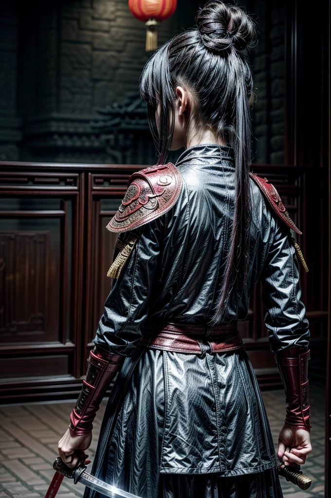 A beautiful chinese women warrior, weapon, 1girl, red full armor, sword, black_hair, bun hairstyle, holding, dual_wielding, solo_focus, holding_weapon, holding_sword, old chinese background, brown_eyes, view from behind
