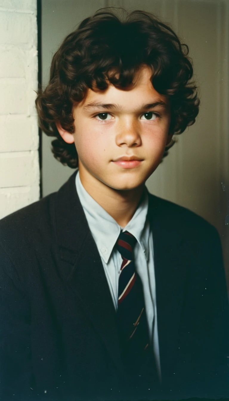 analog film photo, modern day photo of a young student, 15 years-old, male, brown-black hair, long curly hair, brown eyes, caucasian, round face, oval-shaped jawline, bulbous nose, full lips, thick eyebrows, soft features, stocky broad frame, chubby, resembles a younger John C Reilly, (relaxed school uniform:1.1), silhouette, backlit, split lighting, half face in shadow, RAW Photograph, dslr, hard lighting, hard shadows, high quality, film grain, Fujifilm XT3, detailed skin with visible pores, insane details, masterpiece, 8k, 35mm photograph, dslr, kodachrome, faded film, desaturated, 35mm photo, grainy, vintage, Kodachrome, Lomography, stained, highly detailed, found footage, yearbook portrait, contemporary, 2024
