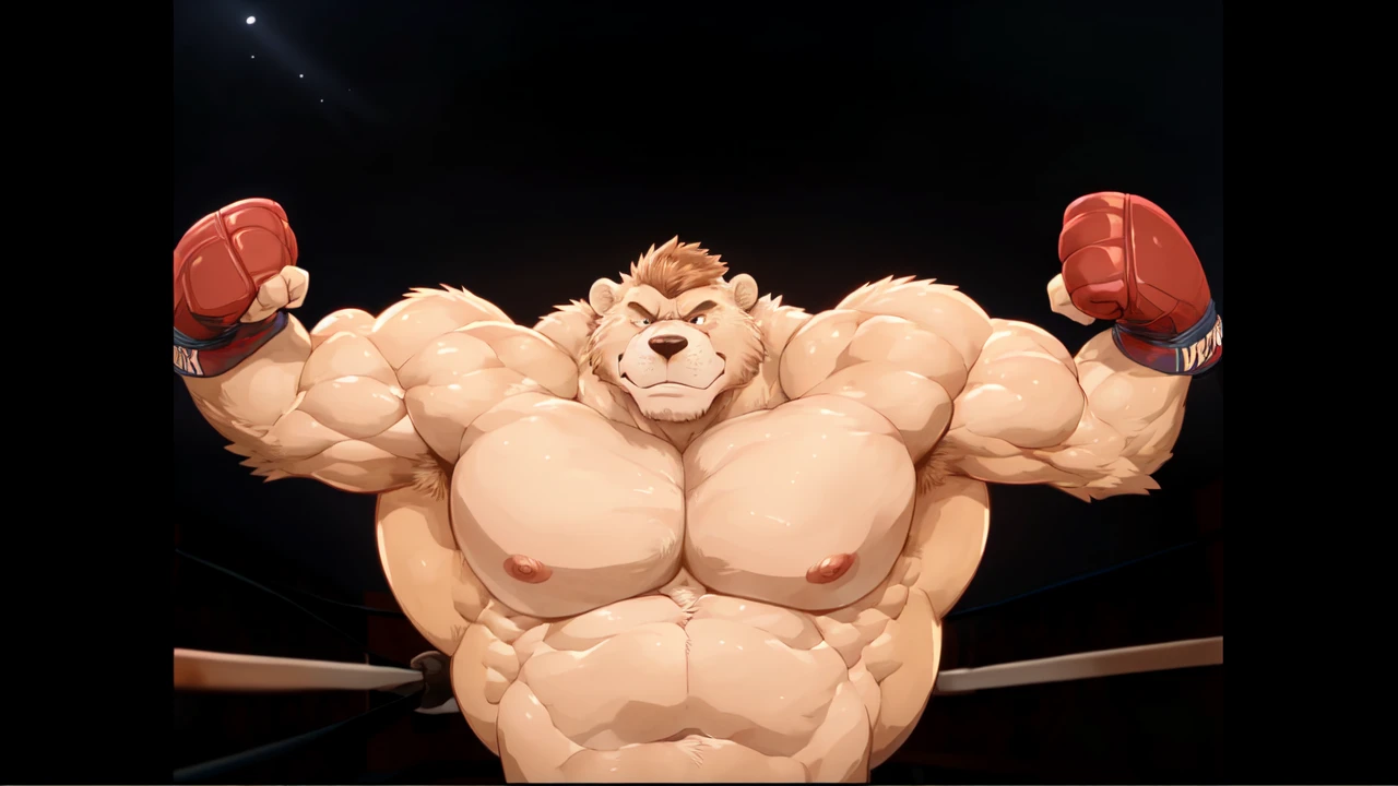 ((solo)), (anthro:1.2) bear (lora; baloo), adult, (athletic:1.4), (dense muscles), (super strong:1.4), (correct anatomy:1.2), (broad shoulders:1.2), (heavy build, massive body:1.6), (realistic fur, detailed brown fur texture:1.3), kickboxing martial arts tournament background (corner of the kickboxing MMA ring:1.6), photorealistic, (black compression shorts), (bare torso:1.4), (footwear:1.2), (detailed kickboxing martial arts black shorts), hyperrealistic, ultradetailed, (by wfa:1.2), (by takemoto_arashi, by vorusuarts, by Traver009:1, by grimfaust:1), natural lighting, (oiled up:1.4), ursine head (open eyes, brown mane), (sexy:1.2), ((serious smirk:1.4) expression), (punching:1.4), (view from center:1.4)