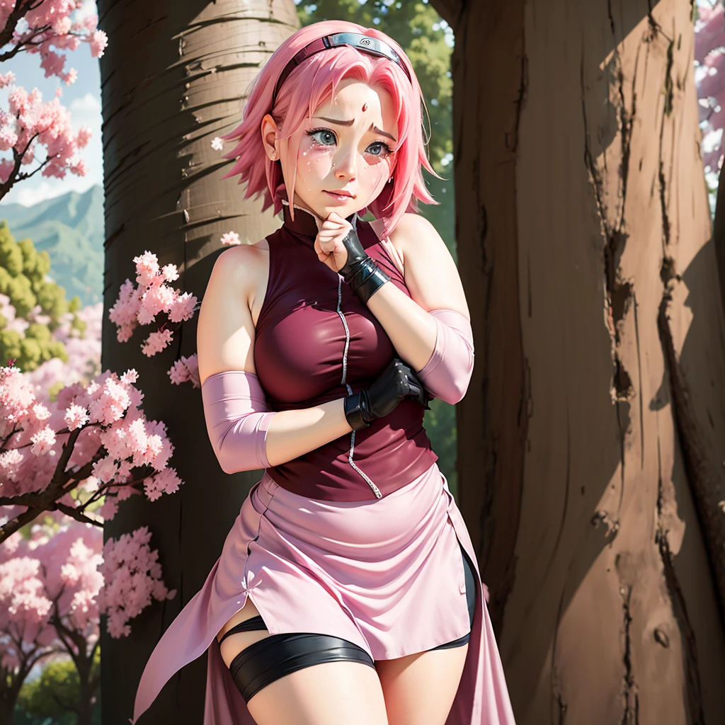 The fat Sakura Haruno captures the essence of charming acting, capturing the image of a person pretending to be innocent, adopting cute and gentle facial expressions that bring tears to the eyes, and wiping tears with her hands.