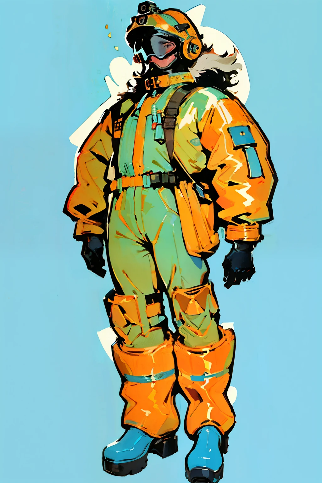 full body image, (ultra detailed,ultra high res,detailed background),((2D)),((flat color)),((muted color)), 1solo, looking at viewer, baggy flight suit, large fur collared bomber jacket, (big red galoshes), plush collar, full body image, square helmet, ((smokey blue background)), ((apocalyptic city)), entire body in frame, 